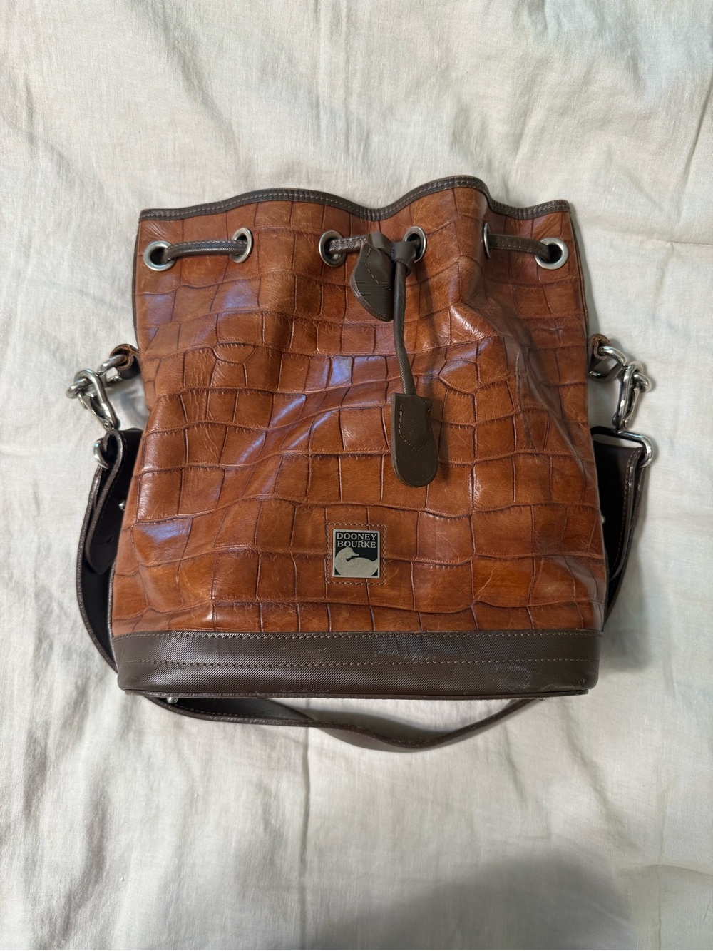 Vintage Dooney & Bourke Cognac Brown Croc-Embossed Leather Bucket Bag